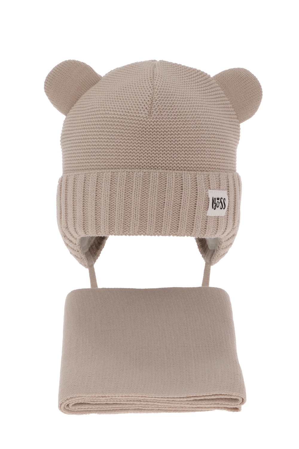 Czapka i szalik dla chłopca zimowy komplet, beżowy, wiązany Luciano