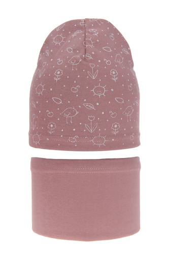 Czapka i komin dla dziewczynki jesienny, wiosenny komplet, wrzosowy, bawełniany Sesja