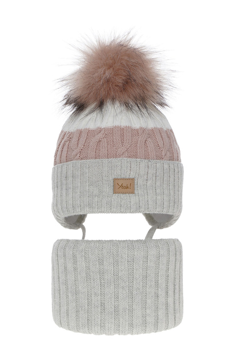 Czapka i komin dla dziewczynki zimowy komplet, szary, z pomponem Riviera