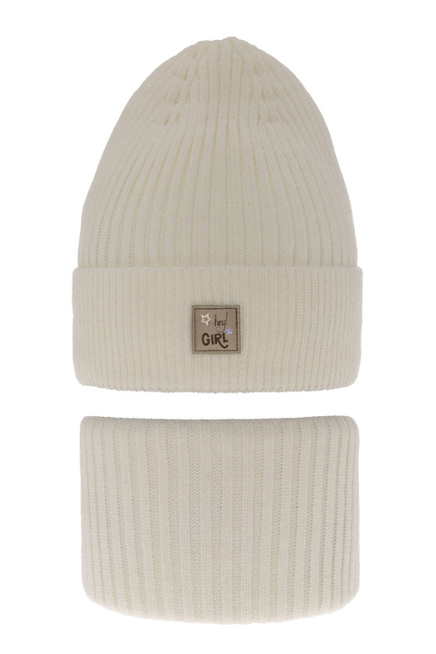 Czapka i komin dla dziewczynki zimowy komplet, kremowy Georgina