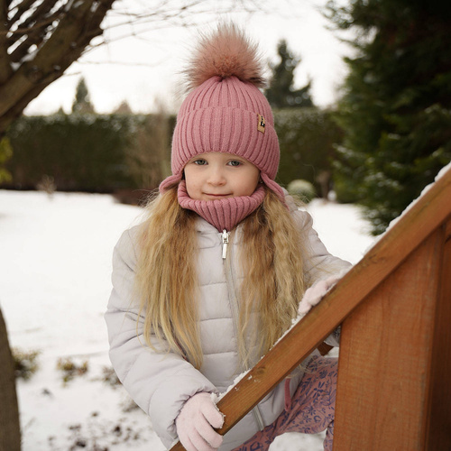 Czapka i komin dla dziewczynki zimowy komplet, czarny, z pomponem Preria