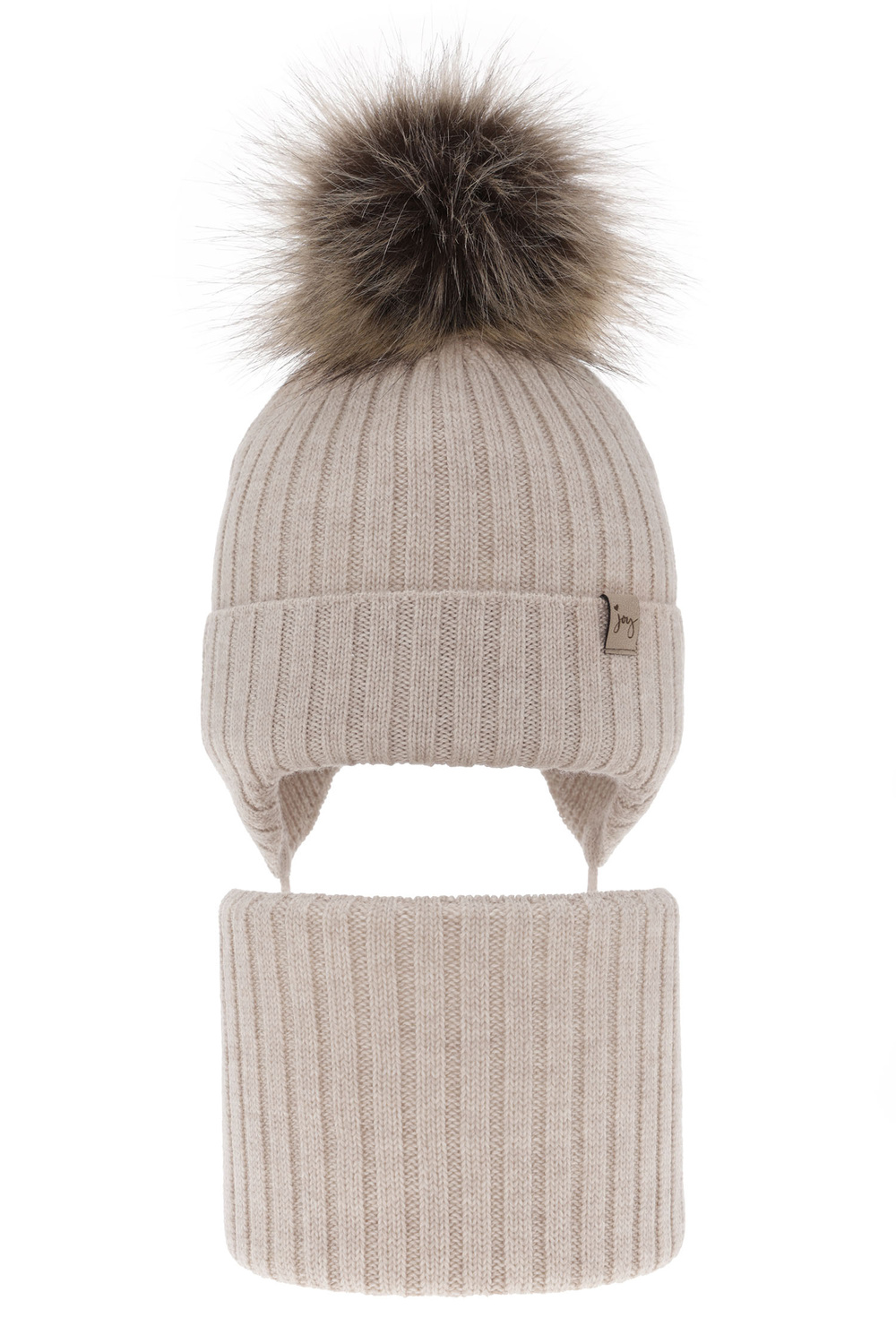 Czapka i komin dla dziewczynki zimowy komplet, beżowy, 100% wełniany merino, wiązany Junika