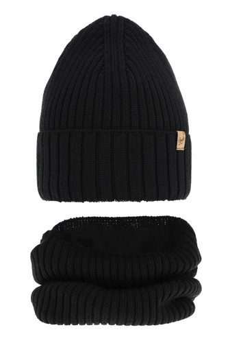 Czapka i komin dla dziewczynki zimowy komplet, czarny, wełniany merino Mesalia