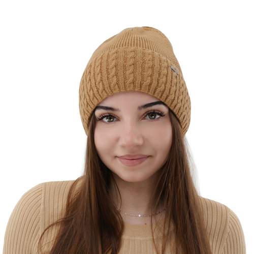 Czapka zimowa damska, camel, z wełną merino, Febe