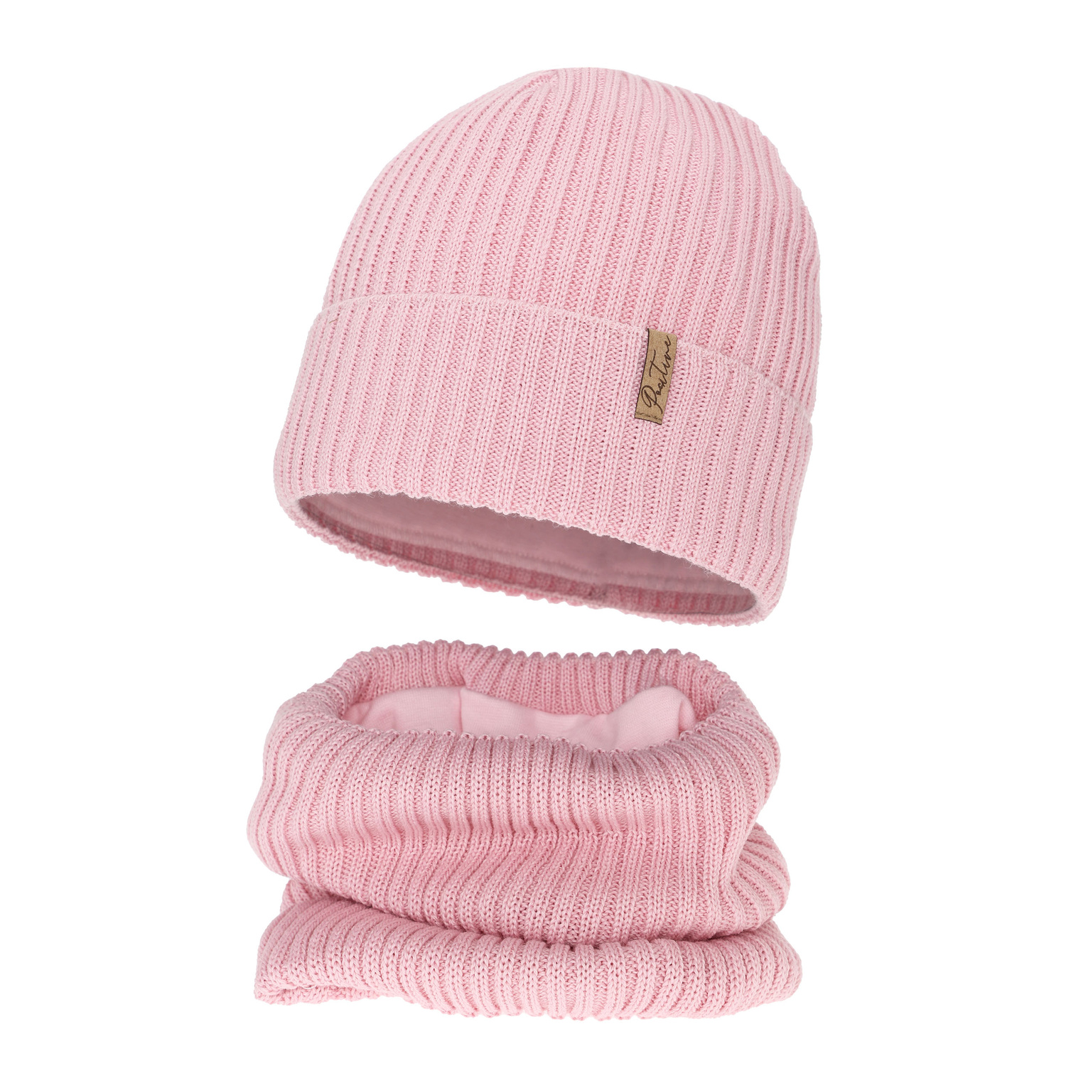 Czapka i komin podszyty bawełną dla dziewczynki zimowy komplet, różowy, z wełną merino, Odette