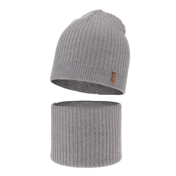 Czapka i komin dla chłopca jesienny, wiosenny komplet, jasnoszary, 100% wełniana merino Chester