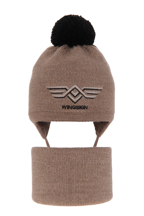 Czapka i komin dla chłopca zimowy komplet, beżowy, z pomponem Wings