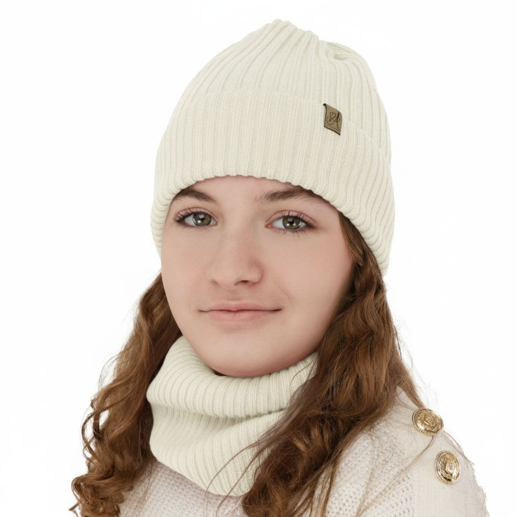 Czapka i komin dla dziewczynki, zimowy komplet, biały, 100% wełniany merino, Patricia