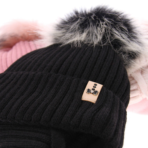Czapka i komin dla dziewczynki zimowy komplet, czarny, z pomponem Preria