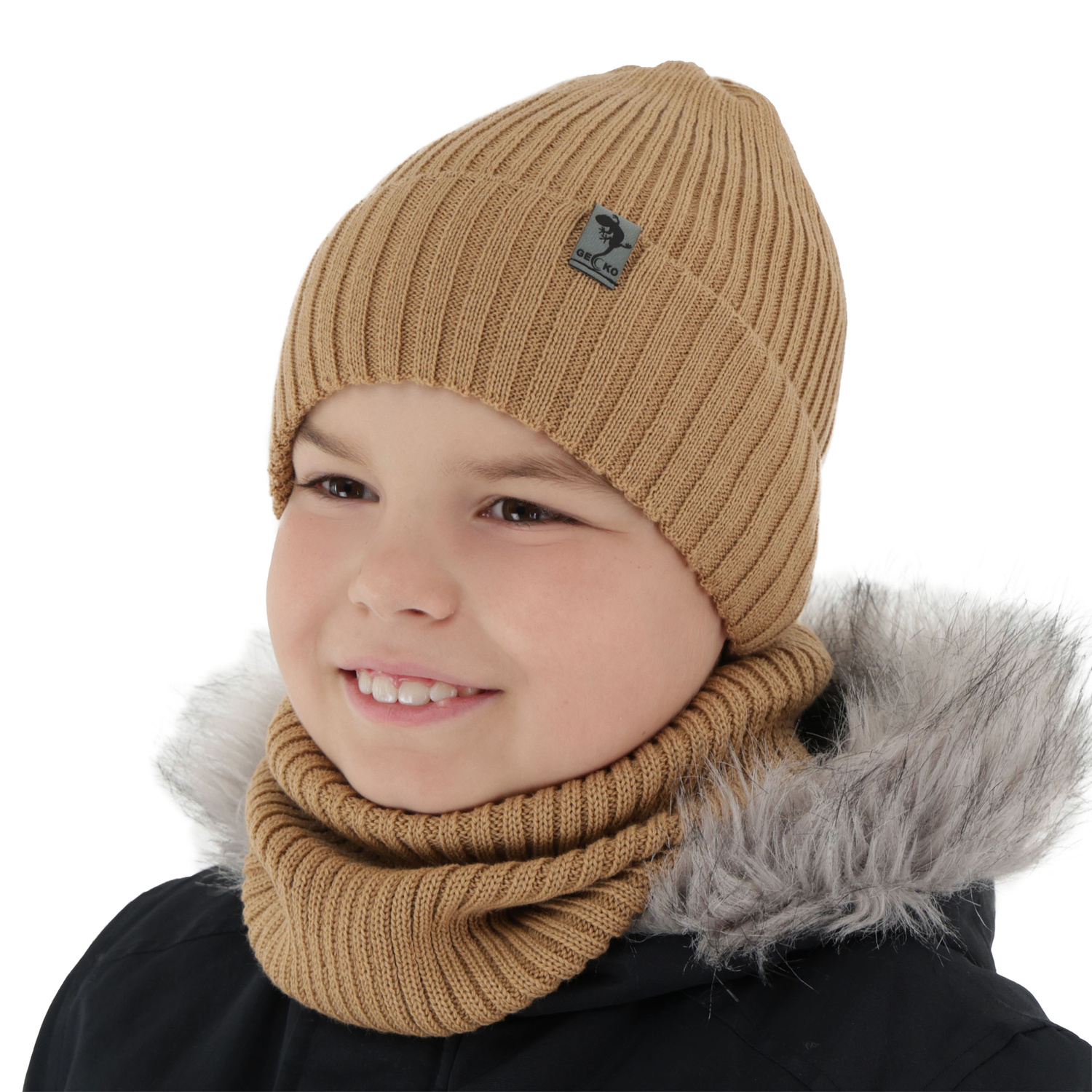 Czapka i komin dla chłopca zimowy komplet, camel, wełniany merino, podszyty polarem Gecko