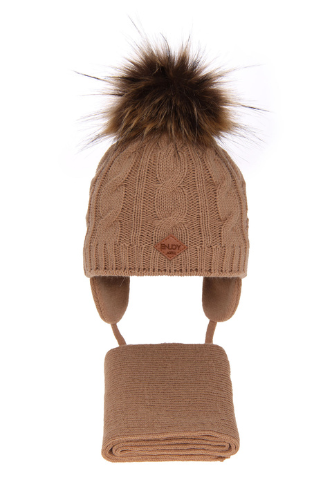 Czapka i szalik dla chłopca zimowy komplet, camel, z pomponem Minor