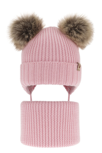 Czapka i komin dla dziewczynki zimowy komplet, różowy, 100% wełniany merino, z dwoma pomponami, wiązany Silvia