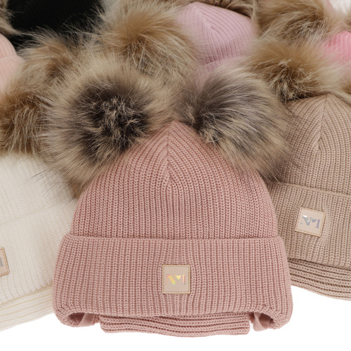 Czapka i komin dla dziewczynki zimowy komplet, beżowy, z dwoma pomponami, wiązany Kiara