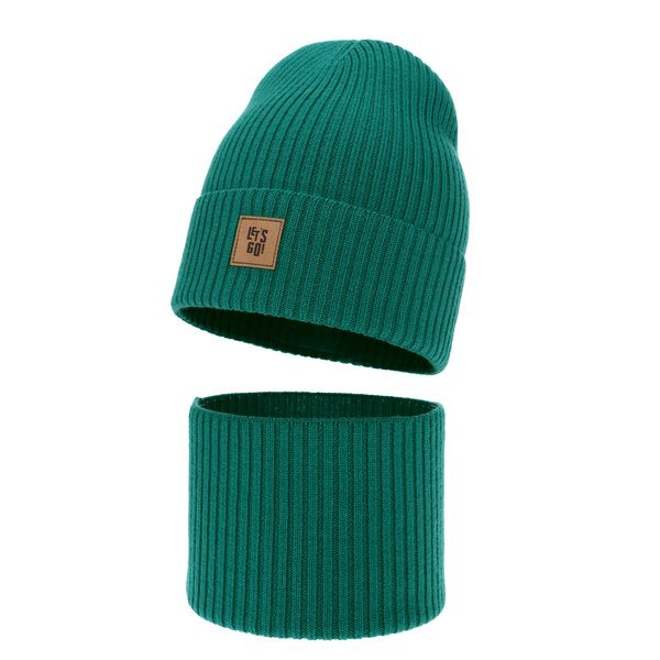 Czapka i komin dla chłopca, jesienny, wiosenny komplet szmaragdowy 100% wełniany merino Vanto