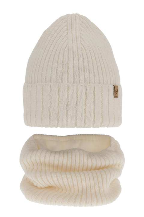 Czapka i komin dla dziewczynki zimowy komplet, kremowy, wełniany merino Mesalia