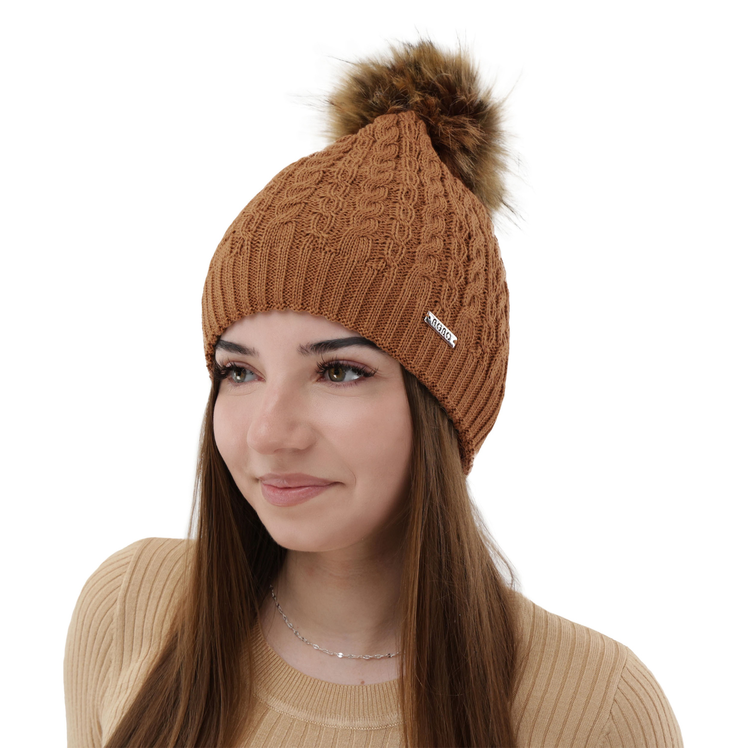 Czapka zimowa damska, camel, z wełną merino, z pomponem Satina