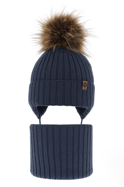 Czapka i komin dla chłopca zimowy komplet, niebieski, wiązany, 100% wełniany merino Juno
