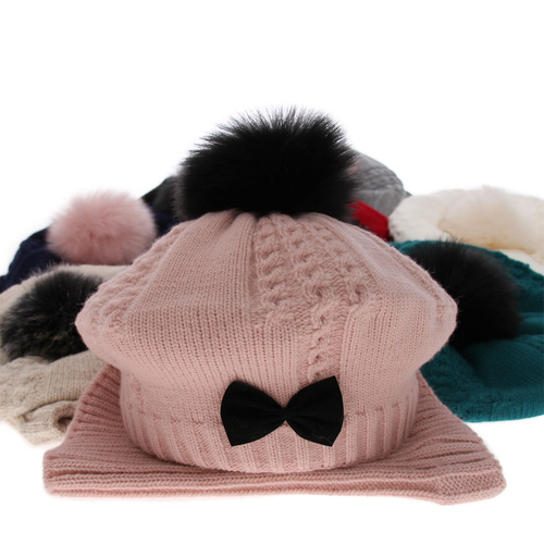 Beret i komin dla dziewczynki zimowy komplet, fioletowy, z pomponem Amora