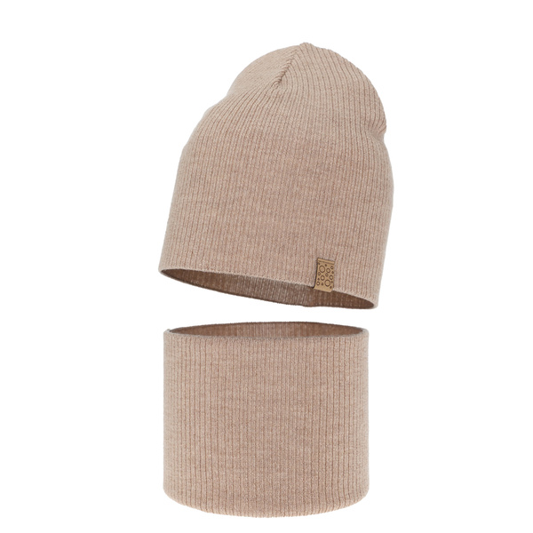 Czapka i komin dla dziewczynki jesienny, wiosenny komplet, beżowy, 100% wełniana merino Ricona
