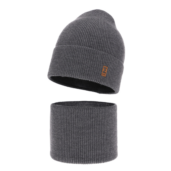 Czapka i komin dla chłopca jesienny, wiosenny komplet, ciemnoszary, 100% wełniany merino Bruce