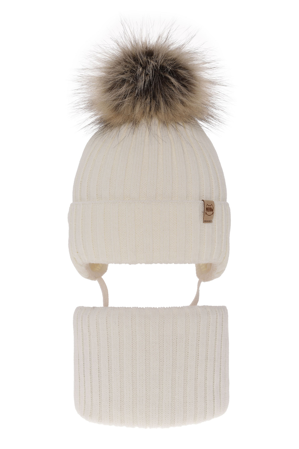 Czapka i komin dla dziewczynki zimowy komplet, kremowy, z pomponem Louisa