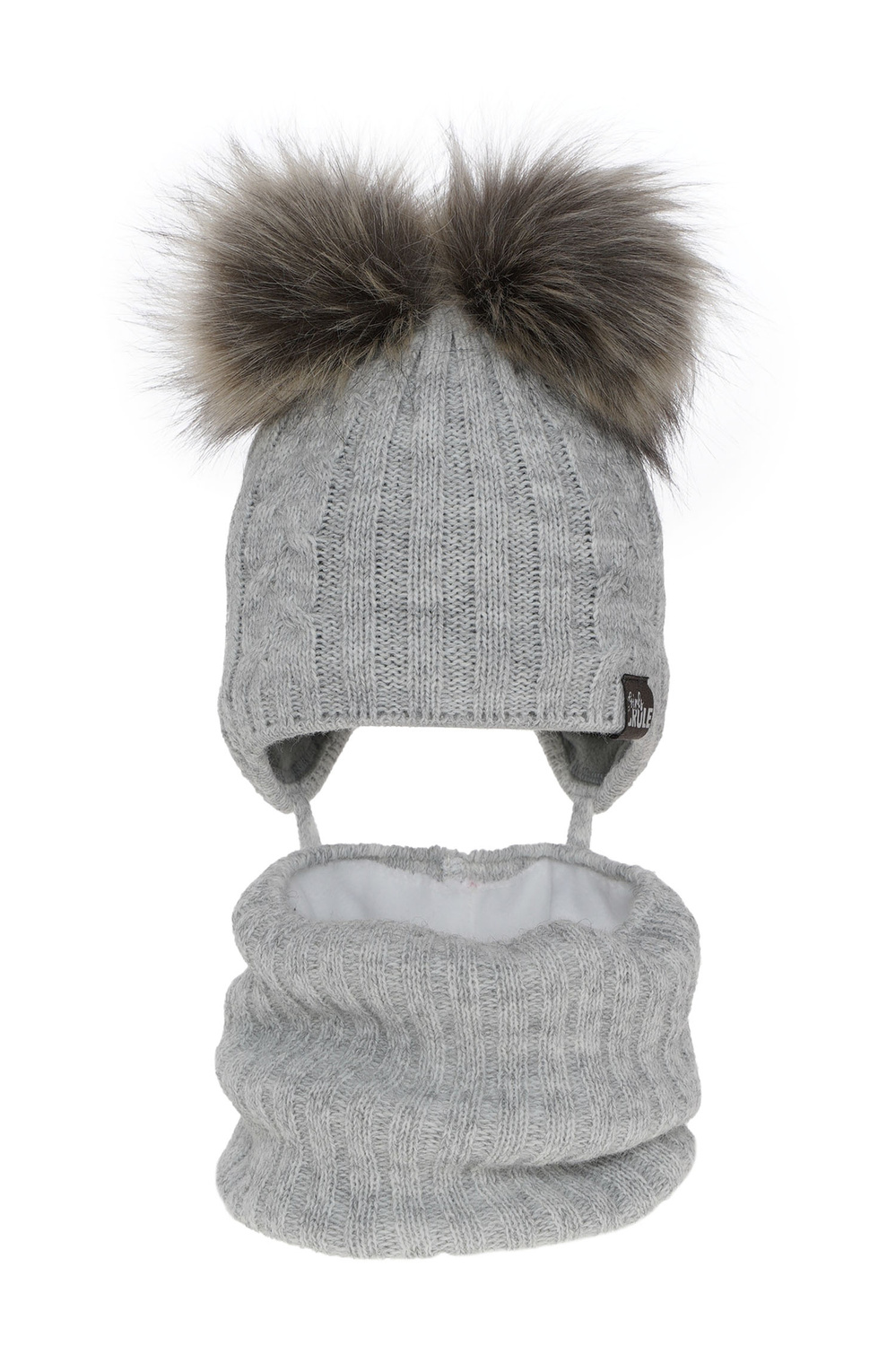 Czapka i komin dla dziewczynki zimowy komplet, szary, z dwoma pomponami, wiązany Marlen