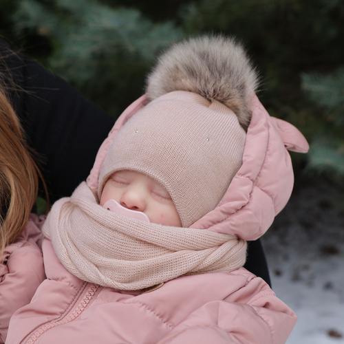 Czapka i szalik dla dziewczynki zimowy komplet, morelowy, wełniany merino Rosalina