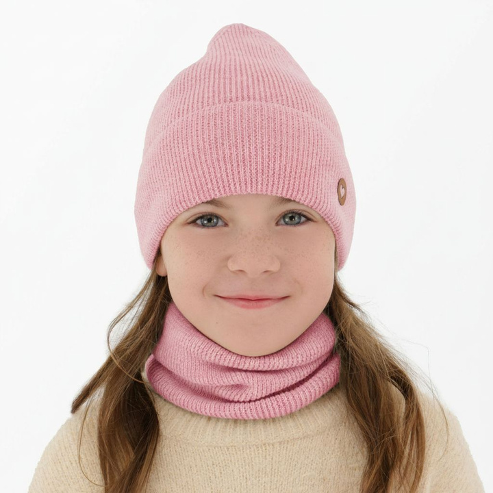 Czapka i komin dla dziewczynki jesienny, wiosenny komplet, różowy, 100% wełniany merino Brook