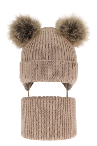 Czapka i komin dla dziewczynki zimowy komplet, beżowy, 100% wełniana merino, wiązany, z dwoma pomponami Silvia