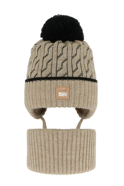Czapka i komin dla chłopca zimowy komplet, beżowy, z pomponem Pikolo