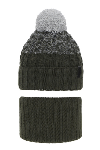 Czapka i komin dla chłopca zimowy komplet, khaki, z pomponem Travis