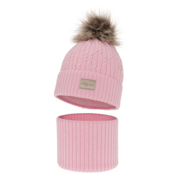 Czapka i komin dla dziewczynki zimowy komplet, różowy, 100% wełniana merino, z pomponem Berna