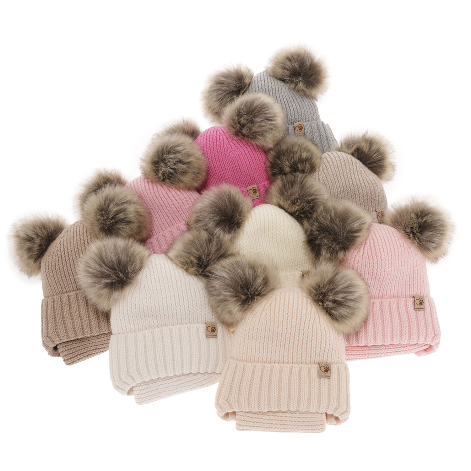 Czapka i komin dla dziewczynki zimowy komplet, beżowy, wiązany, 100% wełniany merino, z dwoma pomponami Silvia