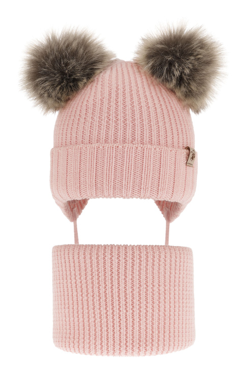 Czapka i komin dla dziewczynki zimowy komplet, różowy, 100% wełniany merino, z dwoma pomponami, wiązany Silvia