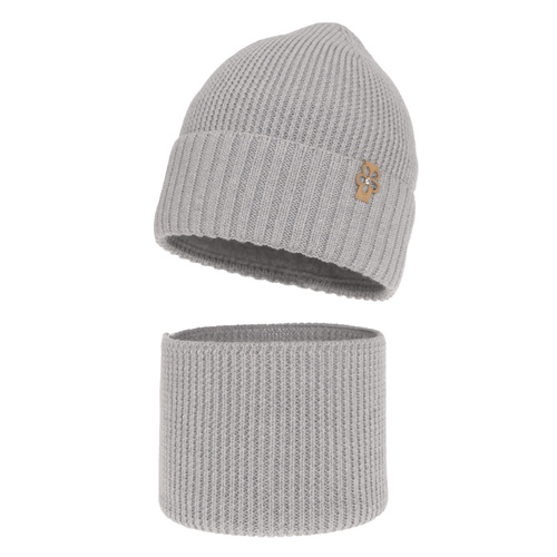 Czapka i komin dla dziewczynki zimowy komplet, szary, 100% wełniany merino Nelita