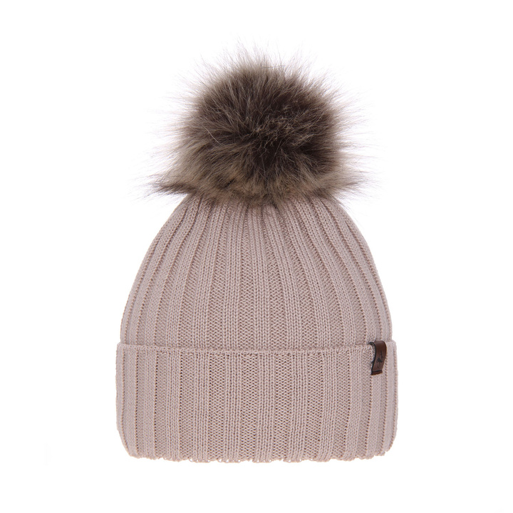 Czapka zimowa damska, beżowa, z wełną merino Texa