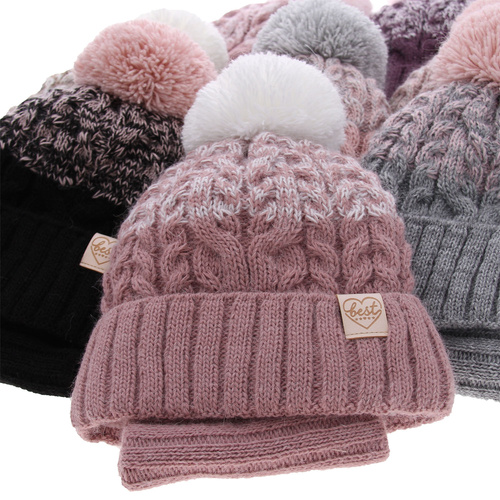 Czapka i komin dla dziewczynki zimowy komplet, beżowy, z pomponem Zendaya