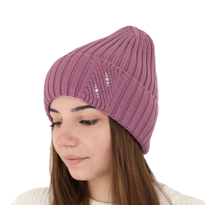 Czapka zimowa damska, fioletowa, 100% wełniana merino Ariga