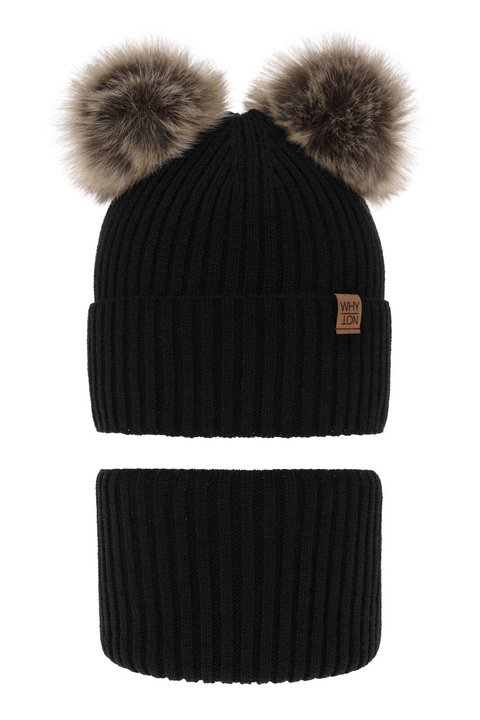 Czapka i komin dla chłopca zimowy komplet, czarny, z dwoma pomponami Oxford
