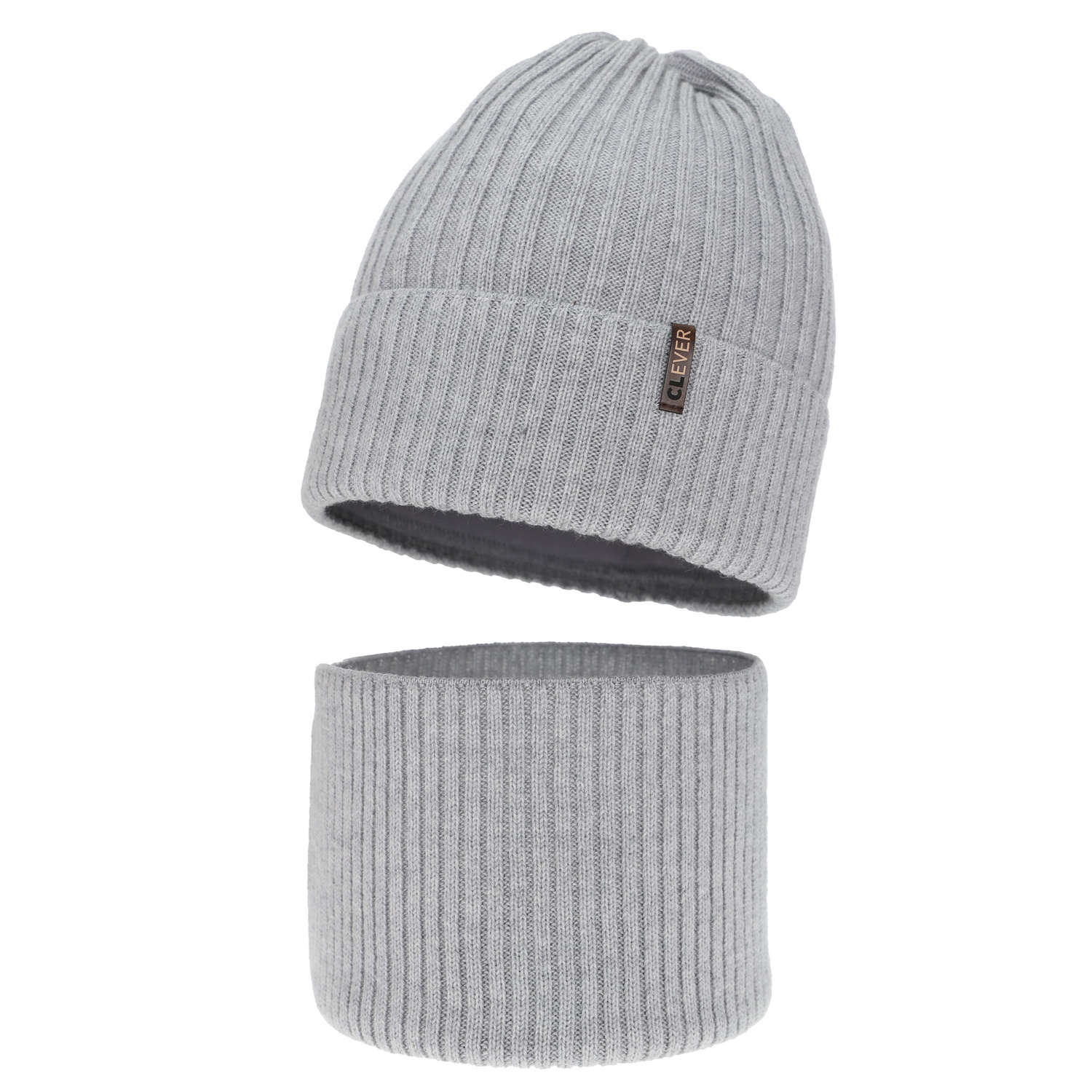 Czapka i komin dla chłopca, zimowy komplet, jasnoszary, 100% wełniany merino, Gizmo