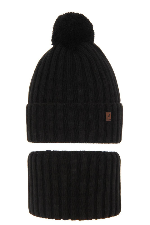 Czapka i komin dla chłopca zimowy komplet, czarny, z pomponem Wiliam