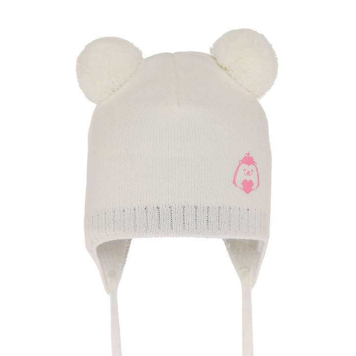 Czapka jesienna, wiosenna dla dziewczynki, kremowa, z dwoma pomponami, wiązana Bunia