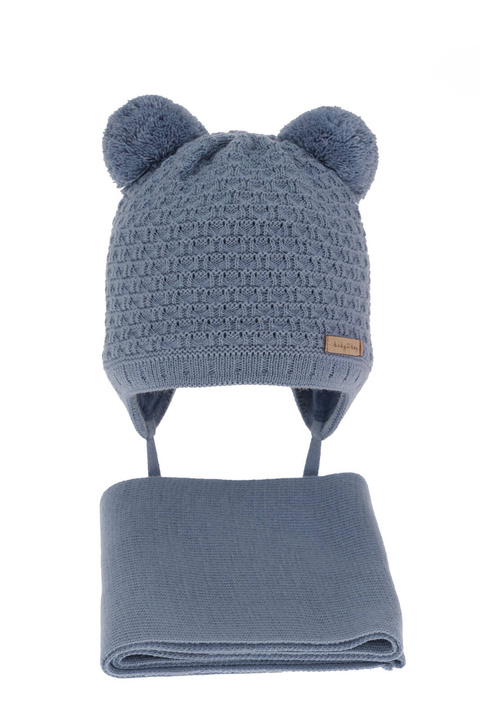 Czapka i szalik dla chłopca zimowy komplet, niebieski, z dwoma pomponami, wiązany Franki