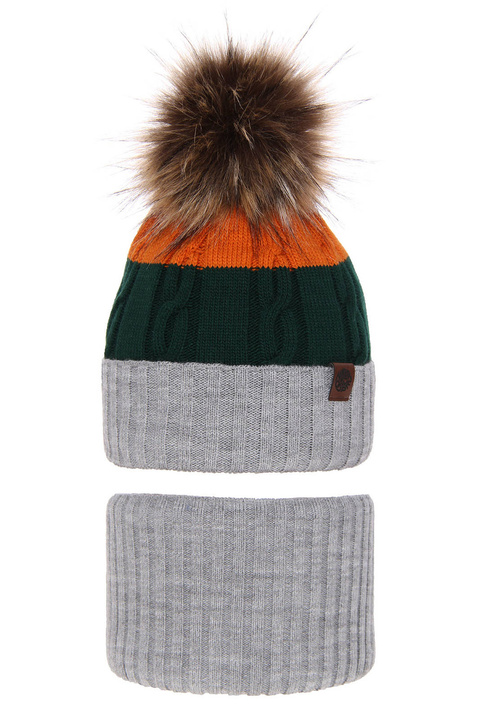 Czapka i komin dla chłopca zimowy komplet, szary, z pomponem Karmel