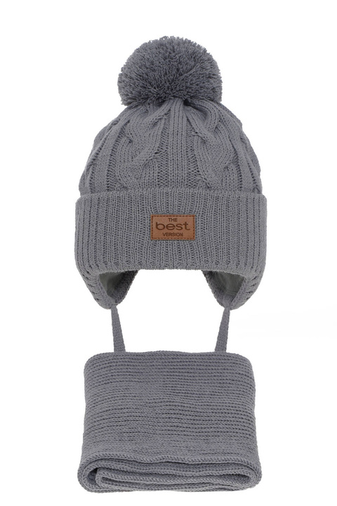 Czapka i szalik dla chłopca zimowy komplet, szary, z pomponem Remix
