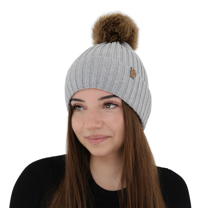 Czapka zimowa damska, szara, z wełną merino, Zamira
