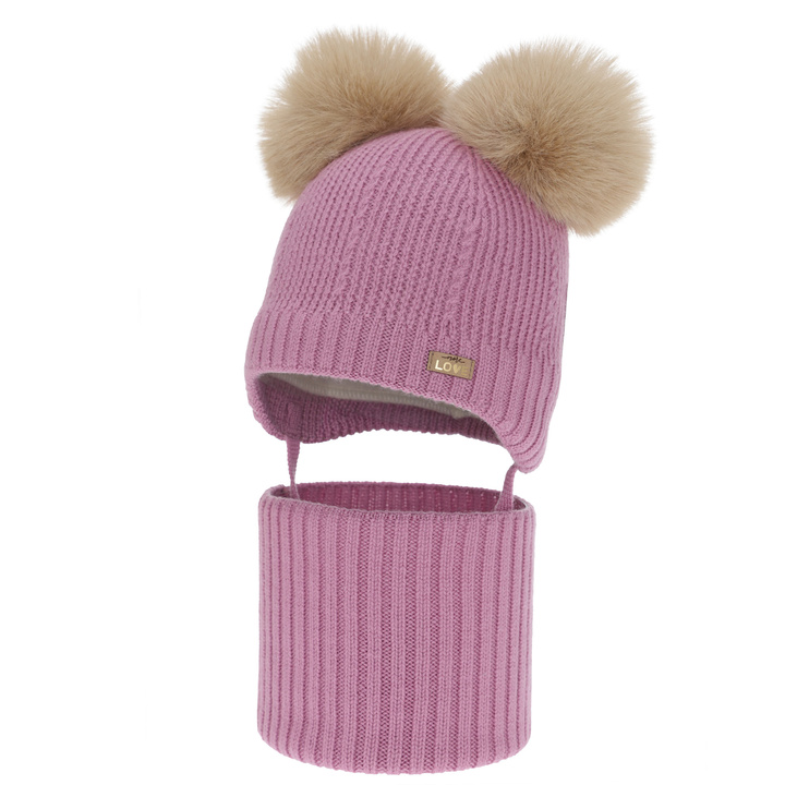 Czapka i komin dla dziewczynki, zimowy komplet, fioletowy, 100% wełniany merino, podszyty polarem wełnianym, Lumia