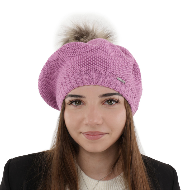 Beret damski zimowy, fioletowy, z wełną merino Bonnie