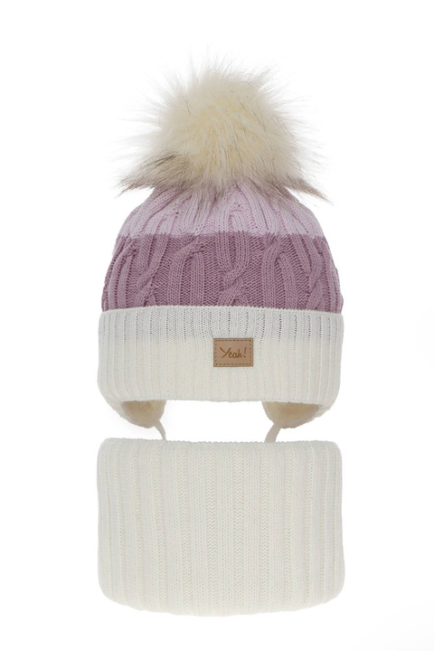 Czapka i komin dla dziewczynki zimowy komplet, kremowy, z pomponem Riviera