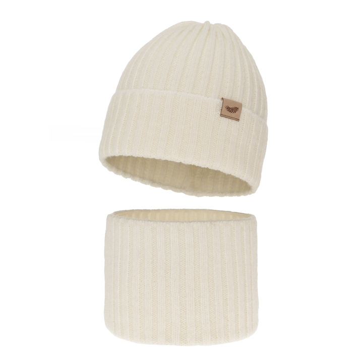 Czapka i komin dla dziewczynki zimowy komplet, kremowy, z wełną merino Karmina